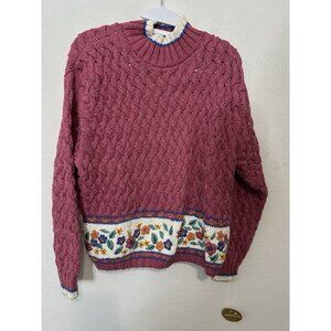Vintage Liz Claiborne Pink Floral Trim Pullover Sweater Size Medium Hand Knit